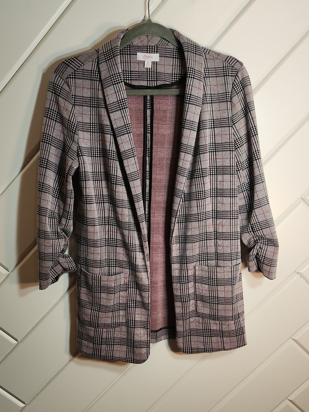 Candie's Pink, Red, and Black Plaid Open Blazer
